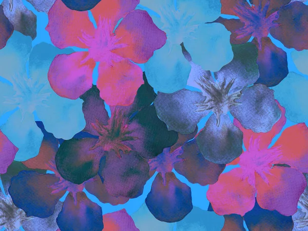 Havajský Akvarel Indigo Modrý Květinový Bezešvý Tropický Tisk Hibiscus Oleander — Stock fotografie