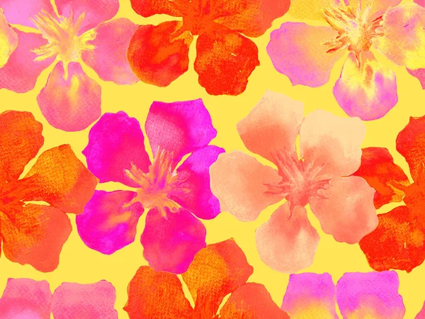 Гавайський Акварель Рожеві Червоні Квіткові Тропічні Безшовні Відбитки Гібіскус Елеандер — стокове фото