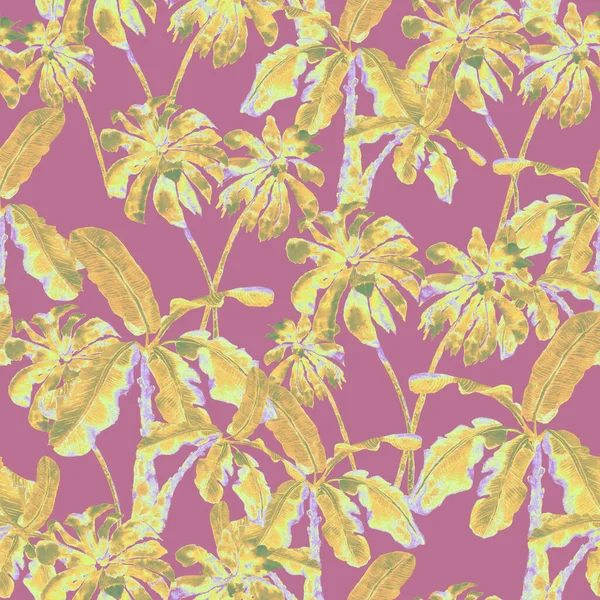 水の色ヤシのパターン 楽園の葉とエキゾチックなシームレスなパターン アロハ水着プリント 夏の背景 流体抽象的なシームレスパターン 水彩天然ハワイの花の背景 — ストック写真
