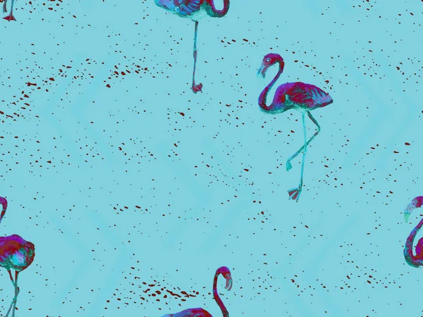 Large hipster flamingo blue hawaiian seamless pattern. Summer tropical birds watercolor endless print.  Saturated hipster swimwear tile with wild feathered fowls. Watercolour horizontal tile.