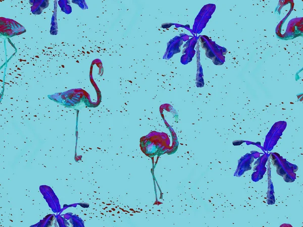 Nagy Hipszter Flamingó Kék Hawaii Zökkenőmentes Minta Tavaszi Telített Akvarell — Stock Fotó