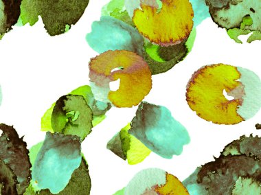 Biyo Jasmin Kusursuz Şablon. Suluboya Turuncu Çiçek ve Yapraklar. Yaz Vintage Arkaplanı. Canlı Sakura ve Jasmine Print. Çiçek Ayurveda deseni. Yeşil ve Su Mentonu