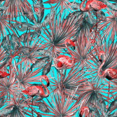 Flamingo deseni. Tropik yaz yeşili kırmızı iz. Kuşlarla dolu egzotik bahar tekstil arka planı. Moda Hawai Ormanı tekrar eden pürüzsüz fayanslar. Palm Botanik mayo tasarımı. Miami Vahşi Hayatı.