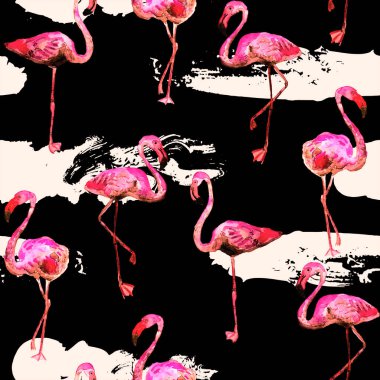 Flamingo deseni. Tropik yaz mavisi kırmızı iz. Kuşlarla dolu egzotik bahar tekstil arka planı. Moda Hawai Ormanı tekrar eden pürüzsüz fayanslar. Çizgili botanik mayo tasarımı. Miami Vahşi Hayatı.