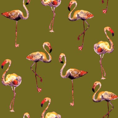 Flamingo deseni. Tropik yaz pembe baskısı. Kuşlarla dolu egzotik bahar tekstil arka planı. Moda Hawai Ormanı tekrar eden pürüzsüz fayanslar. Modaya uygun botanik mayo tasarımı. Miami Vahşi Hayatı.
