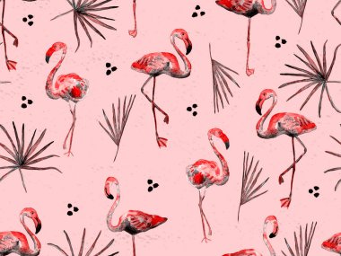 Büyük flamingo hippi kızıl Hawaii 'nin kusursuz deseni. İlkbahar suluboya tişört baskısı. Yaban kuşlarıyla minimalist geometrik mayo arka planı. Suluboya yatay fayans.