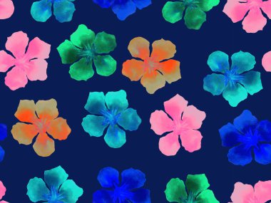 Hawaii suluboya deseni. Çivit mavisi, tropikal, dikişsiz iz. Hibiscus ve zakkum Hawaii 'de. Aloha mayo tasarımı. Egzotik buket moda illüstrasyonu. Suluboya yatay fayans.