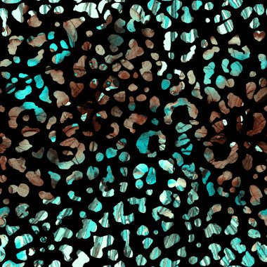 Leopar dikişsiz suluboya deseni. Siyah mavi, egzotik, pürüzsüz desen. Kabile kedisi izleri. Minimum el çizimi yaz çitası arkaplanı. Hayvan derisi izin veren mürekkep uyumluluğu.