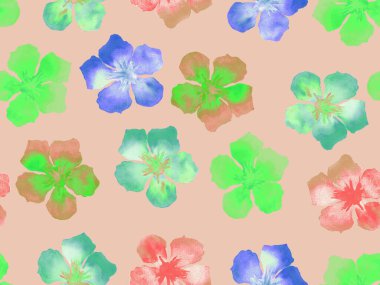 Hawaii suluboya deseni. Pembe kırmızı tropikal desensiz çiçek deseni. Hibiscus ve zakkum Hawaii 'de. Aloha mayo tasarımı. Egzotik buket moda illüstrasyonu. Suluboya yatay fayans.