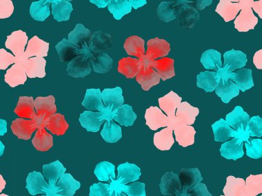 Hawaii suluboya deseni. Çivit mavisi, tropikal, dikişsiz iz. Hibiscus ve zakkum Hawaii 'de. Aloha mayo tasarımı. Egzotik buket moda illüstrasyonu. Suluboya yatay fayans.