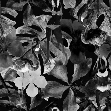 Yaz plajı deseni. Mayo giymiş insanlar egzotik palmiye, yaprak ve çiçeklerin arasında duruyorlar. Siyah, beyaz ve gri iz. Tropik Hawai suluboyası, pürüzsüz fayans. Bikini Miami, güneşlenen kızlar.. 