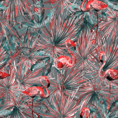 Flamingo deseni. Tropik yaz mavisi kırmızı iz. Kuşlarla dolu egzotik bahar tekstil arka planı. Moda Hawai Ormanı tekrar eden pürüzsüz fayanslar. Palm Botanik mayo tasarımı. Miami Vahşi Hayatı.