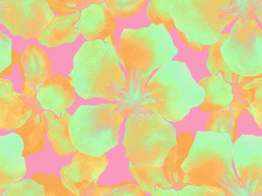 Hawaii suluboya deseni. Yeşil turkuaz çiçekli, dikişsiz tropikal iz. Hibiscus ve zakkum Hawaii 'de. Aloha mayo tasarımı. Egzotik buket moda illüstrasyonu. Suluboya yatay fayans.