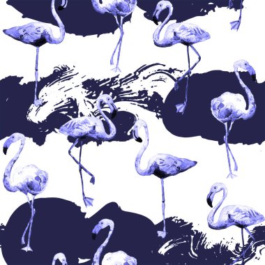 Flamingo deseni. Tropik yaz ultraviyole izi. Kuşlarla dolu egzotik bahar tekstil arka planı. Moda Hawai Ormanı tekrar eden pürüzsüz fayanslar. Çizgili botanik mayo tasarımı. Miami Vahşi Hayatı.
