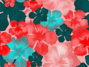 Hawaii suluboya deseni. Pembe kırmızı tropikal desensiz çiçek deseni. Hibiscus ve zakkum Hawaii 'de. Aloha mayo tasarımı. Egzotik buket moda illüstrasyonu. Suluboya yatay fayans.