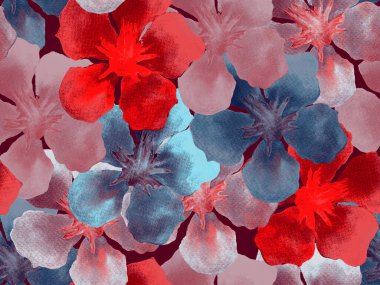 Hawaii suluboya deseni. Pembe kırmızı tropikal desensiz çiçek deseni. Hibiscus ve zakkum Hawaii 'de. Aloha mayo tasarımı. Egzotik buket moda illüstrasyonu. Suluboya yatay fayans.