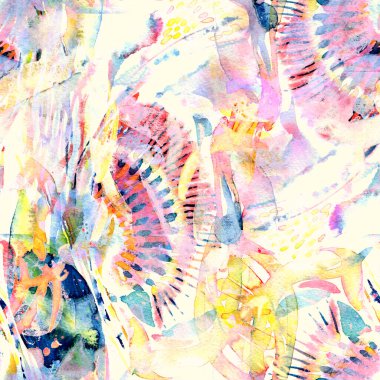 Suluboya tropikal, pürüzsüz desen. Renkli bir arka plan. Doğu suluboya bandanası. Pachwork dokusu. Çiçekli Coachella pürüzsüz desen. Etnik soyut karma sanat eserleri.