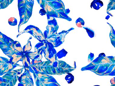 Biyo Jasmin Kusursuz Şablon. Çiçek Ayurveda deseni. Yaz Vintage Arkaplanı. Klasik Mavi ve Indigo Vibrant Sakura ve Jasmine Print. Suluboya Turuncu Çiçek ve Yapraklar.