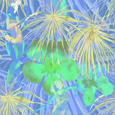 Yaz plajı deseni. Mayo giymiş insanlar egzotik palmiye, yaprak ve çiçeklerin arasında duruyorlar. Yeşil turkuaz parmak izi. Tropik Hawai suluboyası, pürüzsüz fayans. Bikini Miami, güneşlenen kızlar.. 