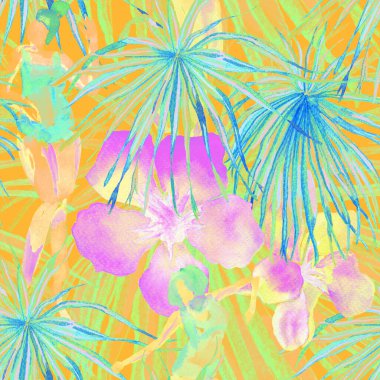 Yaz plajı deseni. Mayo giymiş insanlar egzotik palmiye, yaprak ve çiçeklerin arasında duruyorlar. Yeşil turkuaz parmak izi. Tropik Hawai suluboyası, pürüzsüz fayans. Bikini Miami, güneşlenen kızlar.. 