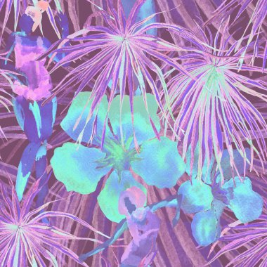 Yaz plajı deseni. Mayo giymiş insanlar egzotik palmiye, yaprak ve çiçeklerin arasında duruyorlar. Ultraviyole kız izi. Tropik Hawai suluboyası, pürüzsüz fayans. Bikini Miami, güneşlenen kızlar.. 