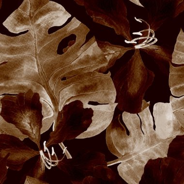 Egzotik desen. Suluboya tropik çiçekler ve canavar yaprakları. Palm ve Hibiscus bitkileri kusursuz desende. Yaz Hawaii suluboya geçmişi. Tropik palmiyeler, canavarlar, çiçek desenleri..