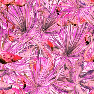 Flamingo deseni. Tropik yaz beyaz kırmızı baskısı. Kuşlarla dolu egzotik bahar tekstil arka planı. Moda Hawai Ormanı tekrar eden pürüzsüz fayanslar. Palm Botanik mayo tasarımı. Miami Vahşi Hayatı.