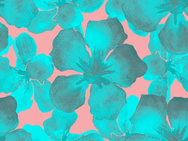 Hawaii suluboya deseni. Çivit mavisi, tropikal, dikişsiz iz. Hibiscus ve zakkum Hawaii 'de. Aloha mayo tasarımı. Egzotik buket moda illüstrasyonu. Suluboya yatay fayans.