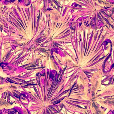 Flamingo deseni. Tropik yaz beyaz kırmızı baskısı. Kuşlarla dolu egzotik bahar canavarları. Moda Hawai Ormanı tekrar eden pürüzsüz fayanslar. Palm Botanik mayo tasarımı. Miami Vahşi Hayatı.