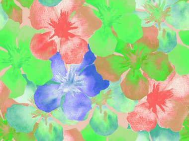 Hawaii suluboya deseni. Gökkuşağı çiçekli tropikal iz. Hibiscus ve zakkum Hawaii 'de. Aloha mayo tasarımı. Egzotik buket moda illüstrasyonu. Suluboya yatay fayans.