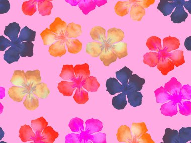 Hawaii suluboya deseni. Pembe kırmızı tropikal desensiz çiçek deseni. Hibiscus ve zakkum Hawaii 'de. Aloha mayo tasarımı. Egzotik buket moda illüstrasyonu. Suluboya yatay fayans.