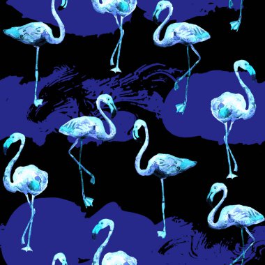 Flamingo deseni. Tropik yaz mavisi siyah iz. Kuşlarla dolu egzotik bahar tekstil arka planı. Moda Hawai Ormanı tekrar eden pürüzsüz fayanslar. Çizgili botanik mayo tasarımı. Miami Vahşi Hayatı.