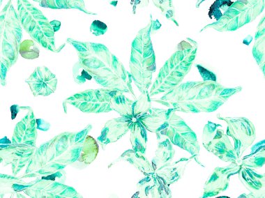 Canlı Sakura ve Jasmine Print. Biyo Jasmin Kusursuz Şablon. Çiçek Ayurveda deseni. Yeşil ve Aqua Menthe Suluboya Turuncu Çiçek ve Yapraklar. Yaz Vintage Arkaplanı.