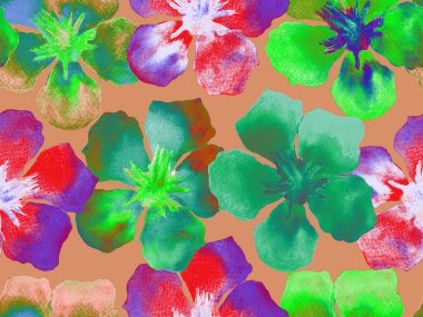 Hawaii suluboya deseni. Yeşil turkuaz çiçekli, dikişsiz tropikal iz. Hibiscus ve zakkum Hawaii 'de. Aloha mayo tasarımı. Egzotik buket moda illüstrasyonu. Suluboya yatay fayans.