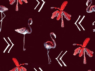Büyük flamingo hippi kızıl Hawaii 'nin kusursuz deseni. Yaz tropikal kuşları sonsuz baskıyı suluboya. Yaban kuşlarıyla minimalist geometrik mayo arka planı. Suluboya yatay fayans.