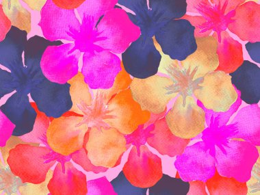 Hawaii suluboya deseni. Pembe kırmızı tropikal desensiz çiçek deseni. Hibiscus ve zakkum Hawaii 'de. Aloha mayo tasarımı. Egzotik buket moda illüstrasyonu. Suluboya yatay fayans.