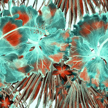 Tropikal desen. Suluboya egzotik çiçekler ve canavar yaprakları. Siyah mavi bitkiler pürüzsüz desende. Yaz Hawaii suluboya geçmişi. Tropik palmiyeler, canavarlar, çiçek desenleri..