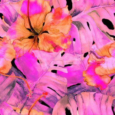 Tropikal desen. Suluboya egzotik çiçekler ve canavar yaprakları. Palm ve Hibiscus bitkileri kusursuz desende. Yaz Hawaii suluboya geçmişi. Tropik palmiyeler, canavarlar, çiçek desenleri..