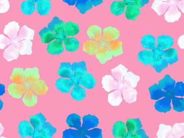 Hawaii suluboya deseni. Gökkuşağı çiçekli tropikal iz. Hibiscus ve zakkum Hawaii 'de. Aloha mayo tasarımı. Egzotik buket moda illüstrasyonu. Suluboya yatay fayans.