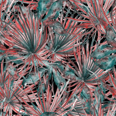 Tropikal desen. Suluboya egzotik çiçekler ve canavar yaprakları. Tertemiz siyah beyaz bitkiler. Yaz Hawaii suluboya geçmişi. Tropik palmiyeler, canavarlar, çiçek desenleri..