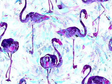 Boho flamingo soyut, kusursuz desen. Mavi çivit mavisi egzotik kuş dokusu. Suluboya bohem Fas baskısı. Mayo, soyut tropikal iç baskısı. Fırça darbesi arka plan