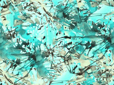 Tehlike izi yok. Mavi suluboya fırça darbesi grunge fayans. Suluboya boya boya tasarımı. Kademeli mürekkep lekeleri. Toprak sıçrama deseni. Sıvı damlayan fırça sonsuz iz.