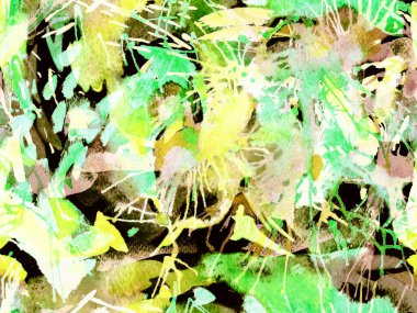 Püskürme izi yok. Yeşil suluboya fırça darbesi grunge tasarımı. Suluboya kaotik sıçrama boya tasarımı. Kademeli mürekkep lekeleri. Çamur tabakası. Sıvı damlayan fırça sonsuz iz. 