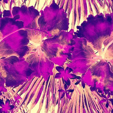 Tropikal desen. Suluboya egzotik çiçekler ve canavar yaprakları. Siyah mavi bitkiler pürüzsüz desende. Yaz Hawaii suluboya geçmişi. Tropik palmiyeler, canavarlar, çiçek desenleri..