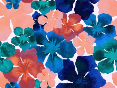 Hawaii suluboya deseni. Çivit mavisi, tropikal, dikişsiz iz. Hibiscus ve zakkum Hawaii 'de. Aloha mayo tasarımı. Egzotik buket moda illüstrasyonu. Suluboya yatay fayans.