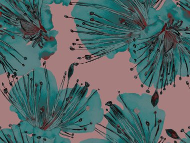 Kalın Çiçek deseni. Yeşil ve Kızıl Arkaplanda Büyük Hawaii Kusursuz Parmak izi. Büyük Orman Baharı Maracuja Sonsuz Arkaplanı. Modern Kalın Çiçek Deseni.