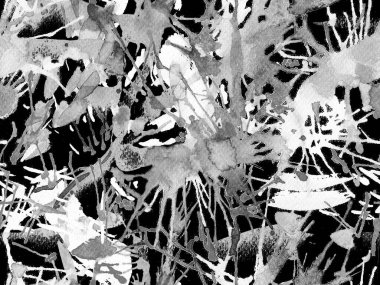 Sıvı, pürüzsüz desen. Siyah beyaz suluboya fırça darbesi grunge tasarımı. Suluboya soyut sıçrama boyası tasarımı. Kademeli mürekkep lekeleri. Toprak sıçrama deseni. Sıvı damlayan fırça sonsuz iz. 