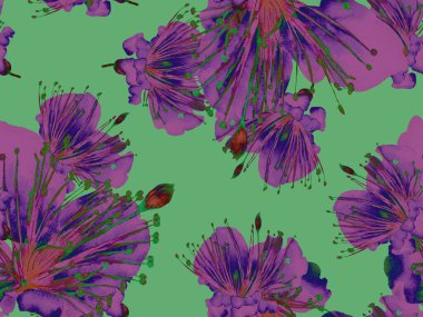 Kalın Çiçek deseni. Yeşil ve Kırmızı Arkaplanda Büyük Tropikal Kusursuz Parmak izi. Büyük Tropikal Yaz Maracuya Sonsuz Arkaplan. Modern Kalın Çiçek Deseni.