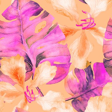 Egzotik desen. Suluboya tropik çiçekler ve canavar yaprakları. Palm ve Hibiscus bitkileri kusursuz desende. Bahar Hawaii suluboya geçmişi. Tropik palmiyeler, canavarlar, çiçek desenleri..