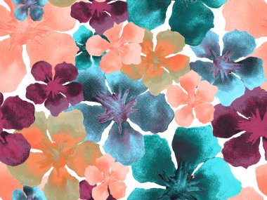 Hawaii suluboya deseni. Pembe kırmızı tropikal desensiz çiçek deseni. Hibiscus ve zakkum Hawaii 'de. Aloha mayo tasarımı. Egzotik buket moda illüstrasyonu. Suluboya yatay fayans.